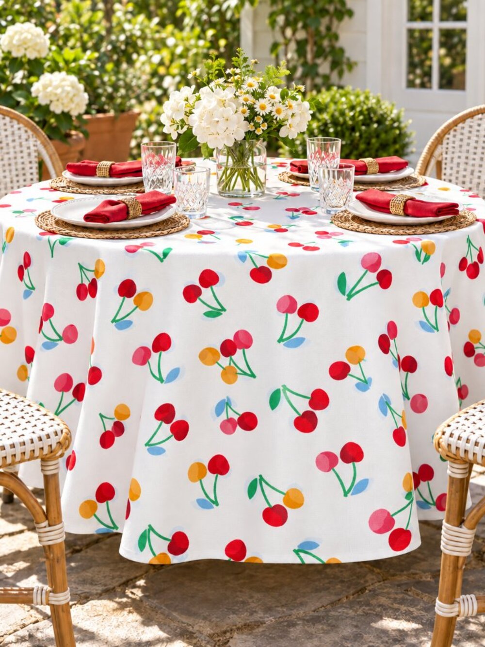Kate Spade Tablecloth 70” Round Indoor Outdoor Multicolor Cherries Summer Beach